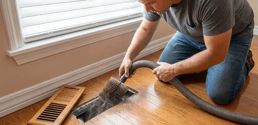 Air duct cleaning technician vacuuming a floor vent and duct opening in Phoenix, AZ