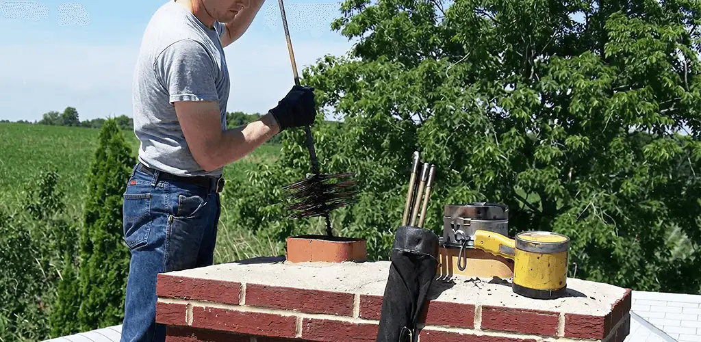 Chimney cleaning technician working on a rooftop chimney with professional tools in Phoenix, AZ