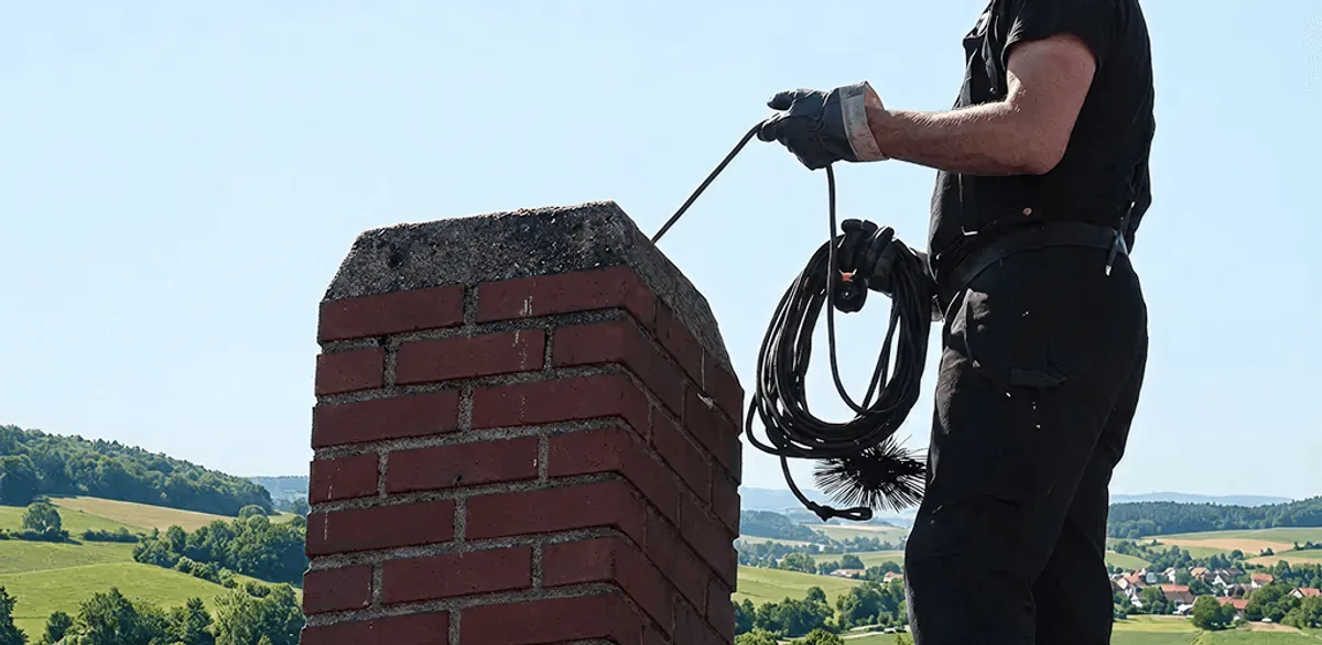 Chimney sweep inspecting and cleaning a rooftop chimney in Phoenix, AZ