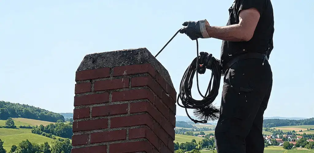 Chimney sweep inspecting and cleaning a rooftop chimney in Phoenix, AZ