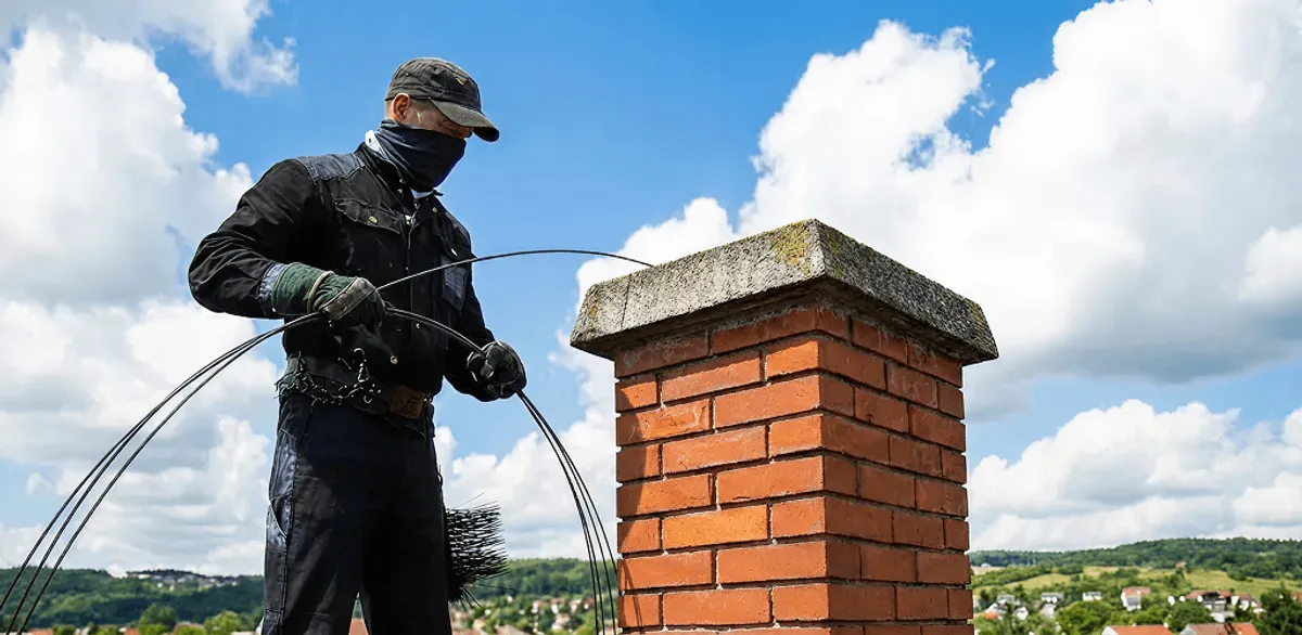 Chimney sweep cleaning a brick chimney with professional tools in Phoenix, AZ