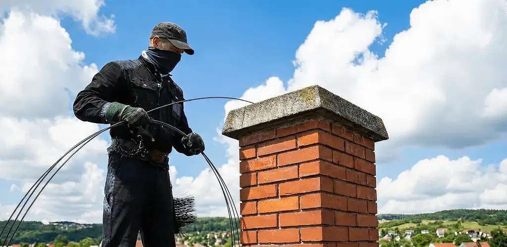 Chimney sweep cleaning a brick chimney with professional tools in Phoenix, AZ