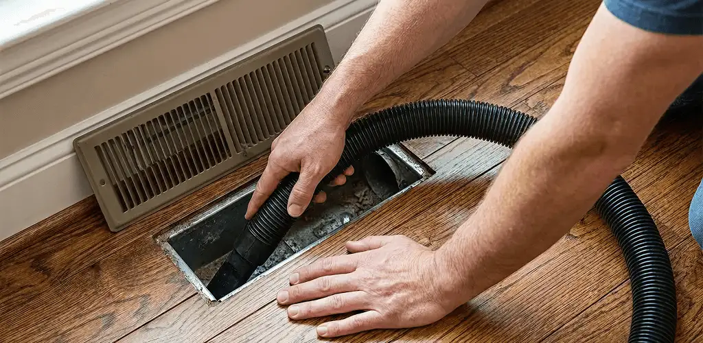 Air duct cleaning technician vacuuming a floor register and duct opening in Phoenix, AZ
