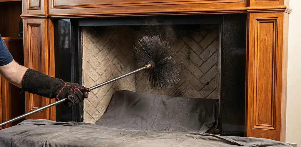 Chimney cleaning service brushing soot from a fireplace and flue in Phoenix, AZ