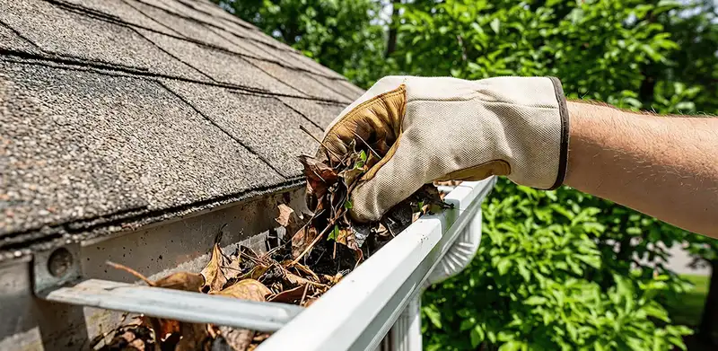 Gutter cleaning removing leaves and debris from roof gutters in Phoenix, AZ