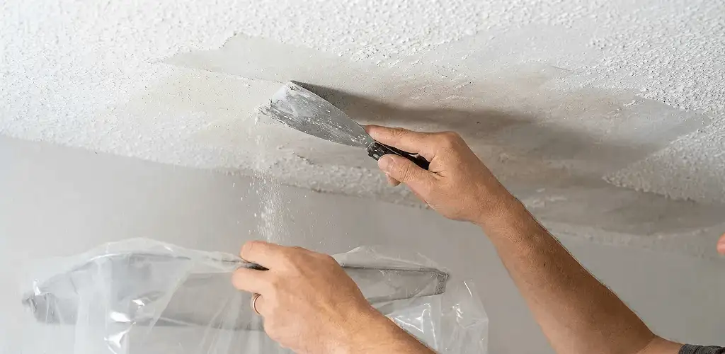Popcorn ceiling removal technician scraping texture from a ceiling in Phoenix, AZ