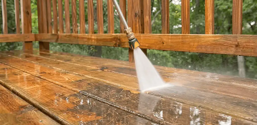 Pressure washing a wood deck to remove dirt and buildup in Phoenix, AZ