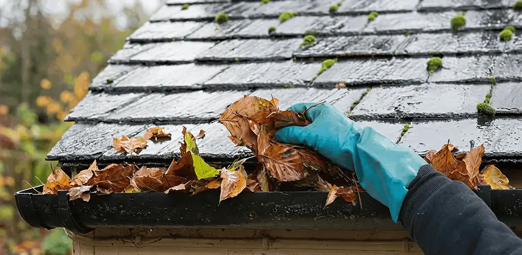Gutter cleaning technician clearing wet leaves from roof gutters in Phoenix, AZ