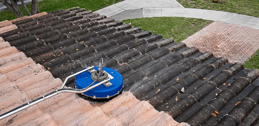 Roof pressure cleaning removing debris and buildup from roof tiles in Phoenix, AZ