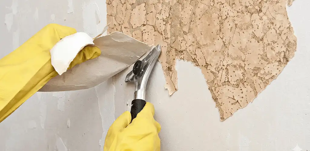 Wallpaper removal service stripping old wallpaper from a wall in Phoenix, AZ