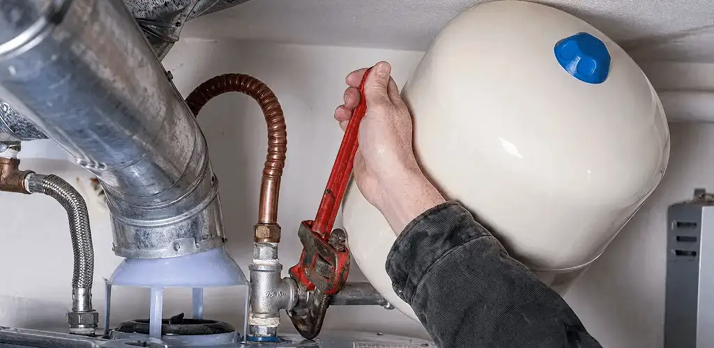 Water heater repair technician tightening plumbing connections near a tank unit in Phoenix, AZ